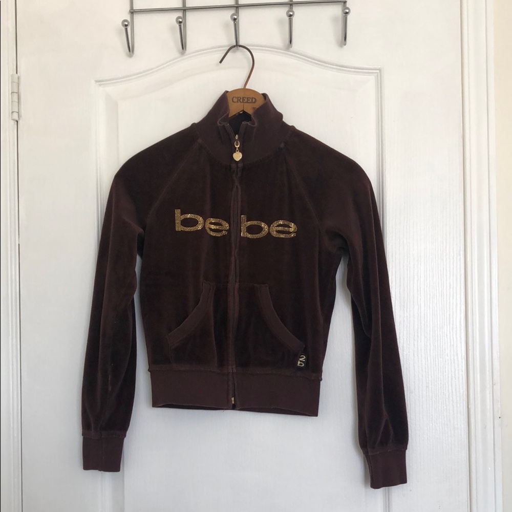 Bebe Brown Velour Sweater with Gold Accents